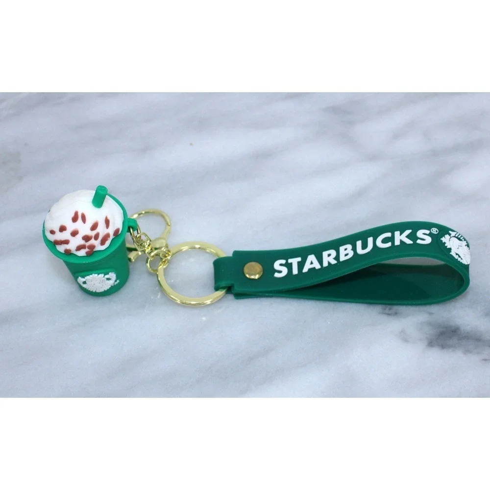 Frappuccino Keychain Green Cup Silicone Wristlet Strap Gold Hardware